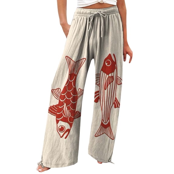 MEICHEN Women's Vintage Art Print Cotton and Linen Casual Pants Casual Wide Leg Trousers with Pockets
