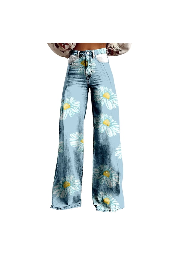 Women's Wide Leg Pant Vintage Floral Print High Waisted Straight Stretch Pants with Pockets
