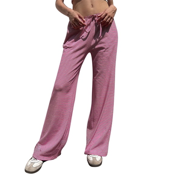 MEICHEN Women's Wide Leg Striped Pants Casual Drawstring Elastic Low Rise Pajama Pants Wear Trousers