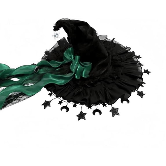 MEICHEN Women's Witch Hat for Halloween Gothic Wizard Hat with Ruffle Brim Veil and Removable Bow Lolita Party Dress Up Accessory