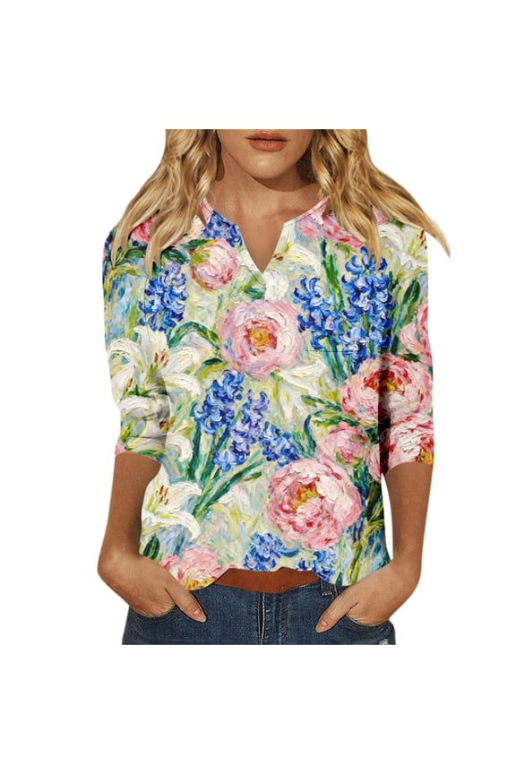 Womens 3/4 Long Sleeve Tops Summer V Neck T Shirts Shirts Graphic Tees Trendy Daily Wear Blouse for Women