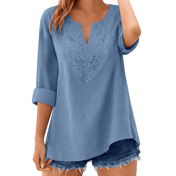 MEICHEN Womens 3/4 Sleeve Tops Cotton Linen Shirts V Neck Lace Casual Loose Fit Blouses Fashion Womens Summer Essentials Tops
