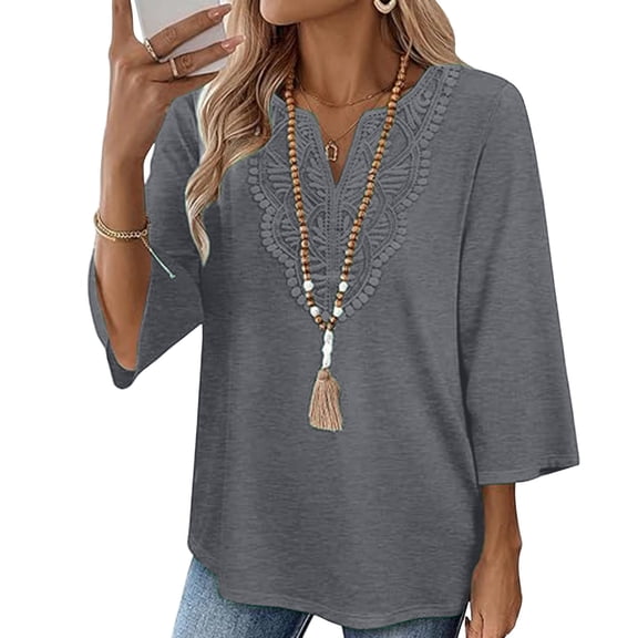 MEICHEN Womens 3/4 Sleeve Tops Cotton Shirts V Neck Lace Casual Loose Fit Blouses Summer Fashion Clothing