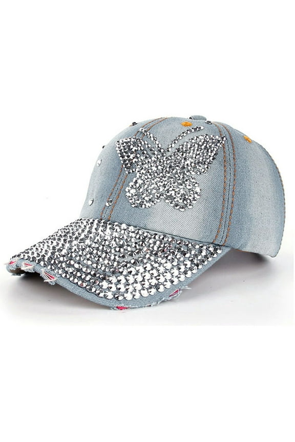 Womens Baseball Caps, Butterfly Denim Rhinestone Baseball Cap Snapback Hip Hop Flat Hat, Fall Winter Fashion Accessories