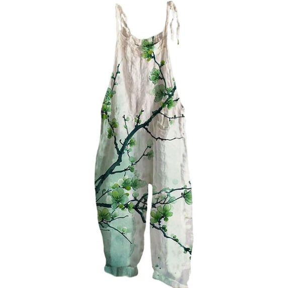 MEICHEN Womens Boho Floral Jumpsuits Cotton Linen Sleeveless Spaghetti Strap Baggy Wide Leg Overalls with Pockets
