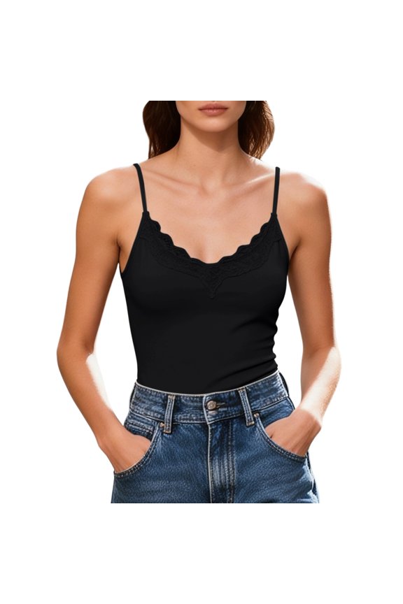 Womens Camisoles Lace Edged V Neck Tank Tops Spaghetti Strap Slim Fit Sexy Sleeveless Tops Trendy Summer Fall Essentials Clothes