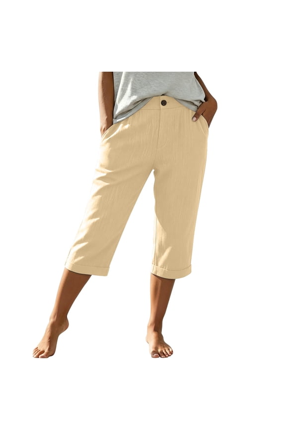 Womens Essentials Summer Fashion Clothes Linen Pants for Women with Pockets Baggy Wide Leg Pants Elastic Waist Mid Calf Length Pants Casual Pants for Women