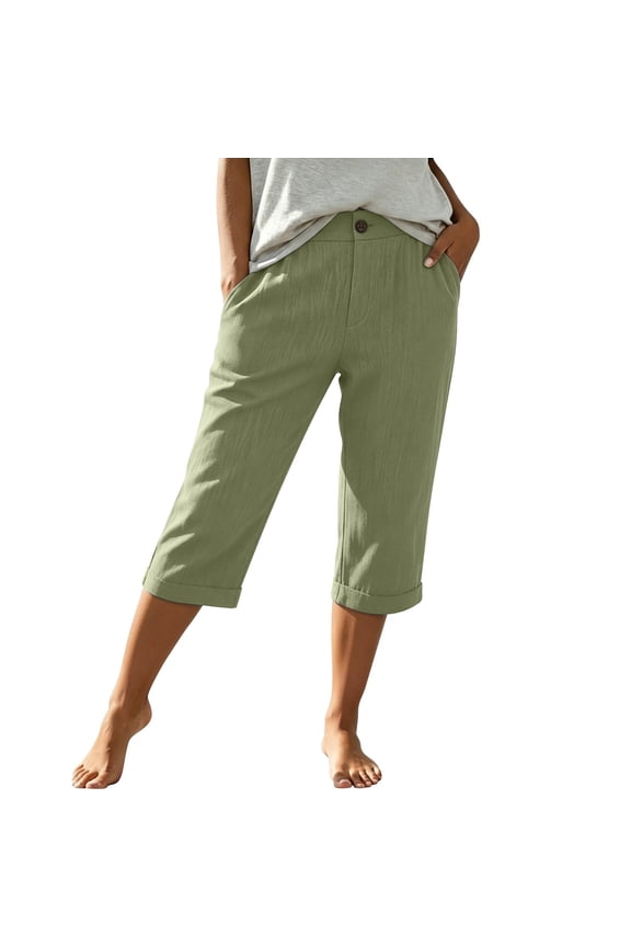 Womens Essentials Summer Fashion Clothing Linen Pants for Women with Pockets Baggy Wide Leg Pants Elastic Waist Mid Calf Length Pants Casual Pants for Women