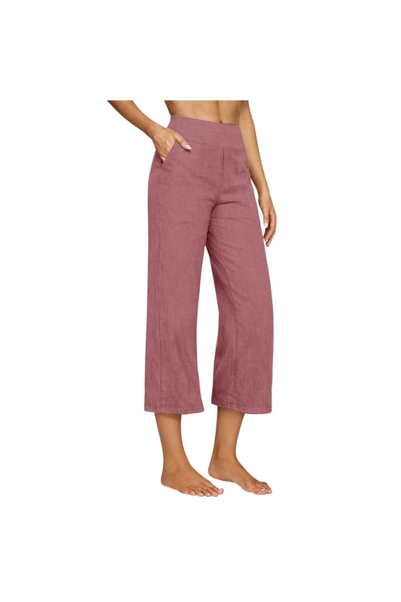 Womens Fashion Summer Essentials Clothes Women's Casual Solid Color Cotton and Linen Three Quarter High Waisted Casual Pants Casual Pants for Women
