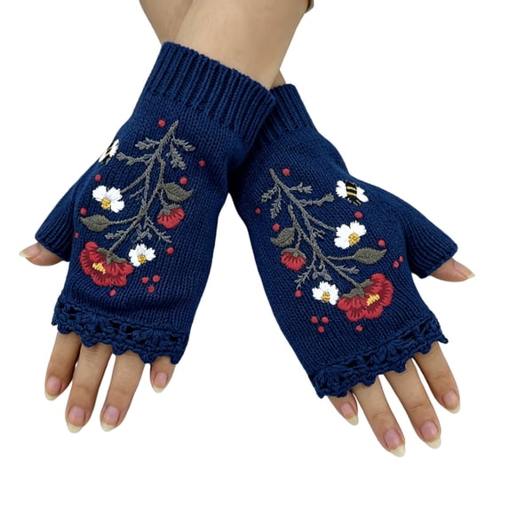 MEICHEN Womens Flower Embroidered Fingerless Gloves Casual Knit Half‑Finger Gloves Fall Winter Fashion Mittens for Fishing Gym Training