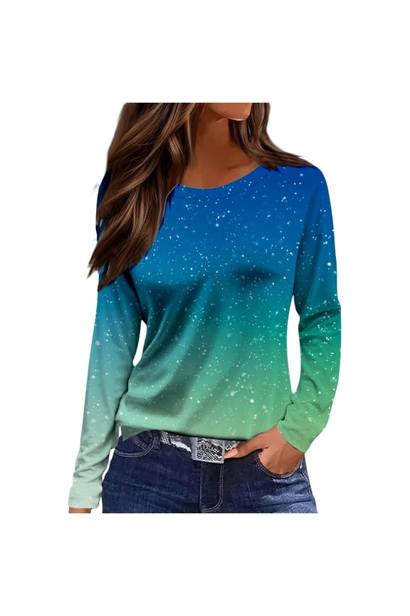 Womens Long Sleeve Shirts Causal Cute Sparkly Print Crewneck Shirts Petite Spring Fahsion Blouse