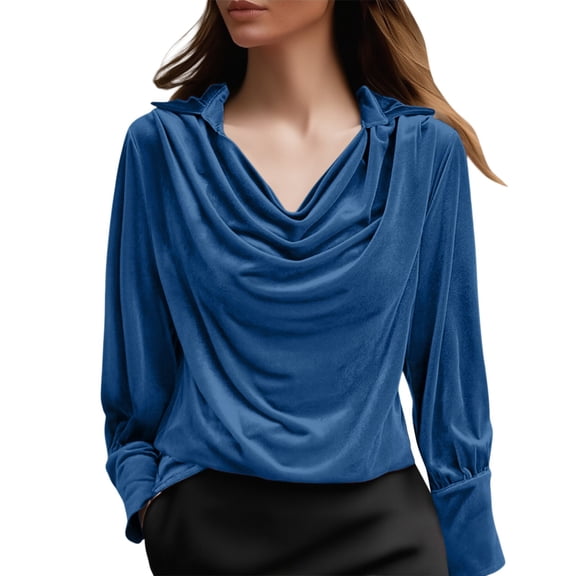 MEICHEN Womens Long Sleeve Tops Personalized Elegant Retro Cowl Neck Solid Velvet Shirt‌ Long Sleeve V Neck Ruched Blouse Top Womens Tops
