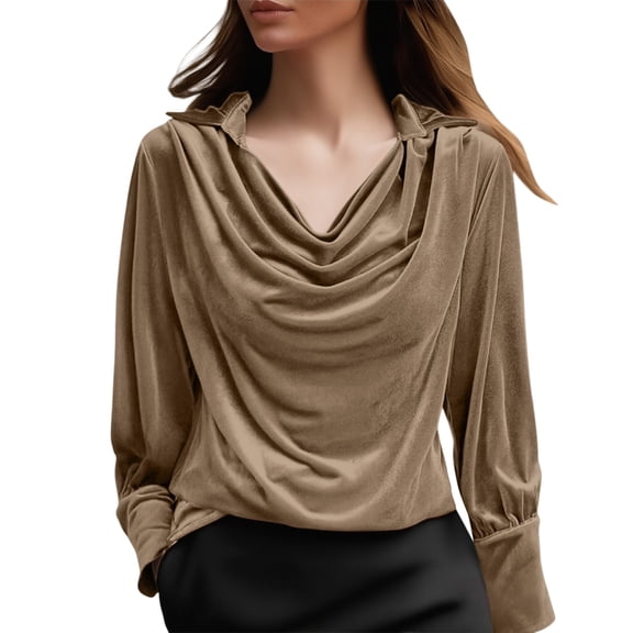 MEICHEN Womens Long Sleeve Tops Personalized Elegant Retro Cowl Neck Solid Velvet Shirt‌ Long Sleeve V Neck Ruched Blouse Top Womens Tops