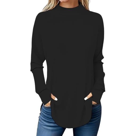 MEICHEN Womens Long Sleeve Tops Plain Knitted Pullover Blouse Women's Solid Color Casual Loose Fall Tops Round Neck Mitten-Cuff Sleeve Shirt Womens Tops
