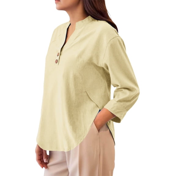 MEICHEN Womens Long Sleeve Tops Summer Tops for Women Trendy 3/4 Length Sleeve Cotton Linen Shirt Casual Henley Neck Blouses Tops Womens Blouses