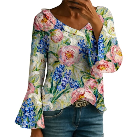 MEICHEN Womens Spring Fall Tops V Neck Long Sleeve Graphic Print Tops Casual Loose Colorful Blouse