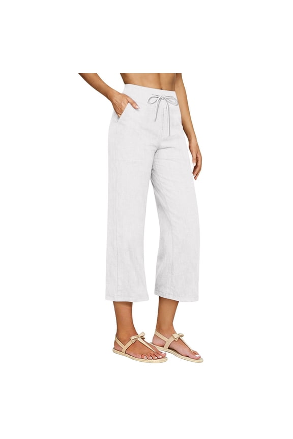 Womens Summer Fashion Essentials Clothes Women's Casual Solid Color Cotton and Linen Three Quarter High Waisted Casual Pants Casual Pants for Women