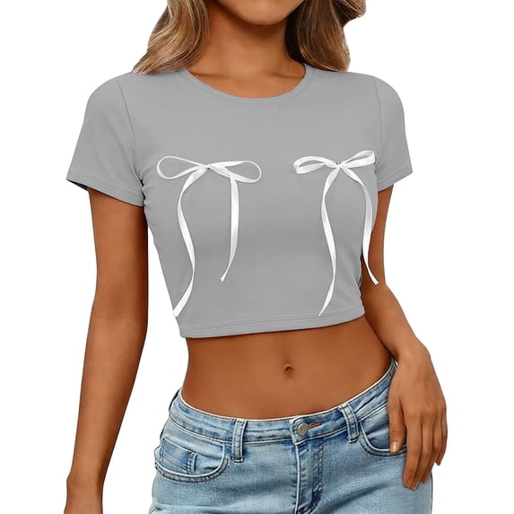 MEICHEN Womens Tie Front T Shirts Crop Tops Summer Trendy Basic Tees Casual Slim Fit Crew Neck Tshirts Cute Blouses