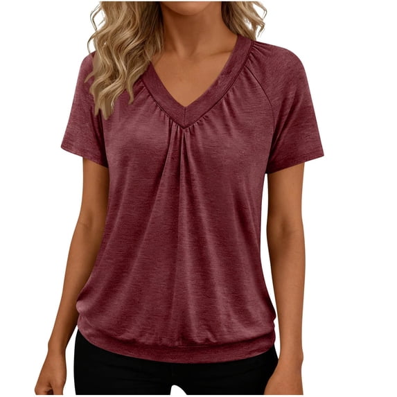 MEICHEN Womens Tops Short Sleeve V Neck T Shirts Casual Beach Vacation Clothes Loose Ruched Blouse Womens Summer Essentials Tops