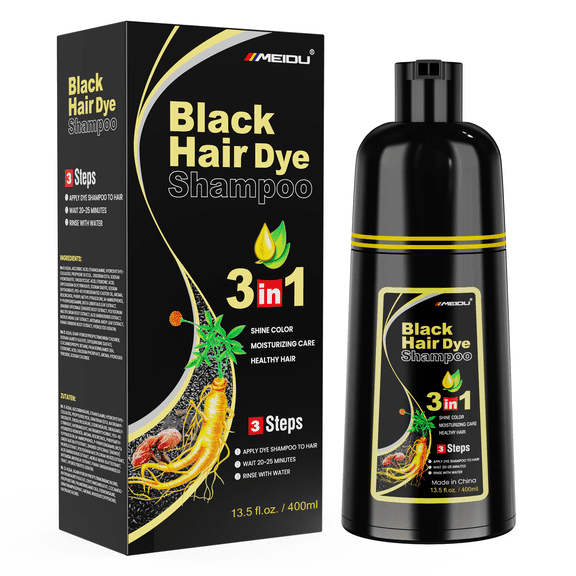 MEIDU Black Hair Dye Shampoo for Gray Hair, Semi-Permanent Hair Color Shampoo for Women and Men, Herbal Ingredients, 3 in 1 100% Grey Coverage.Lasts 30 Days/13.5 fl.oz. /Natural herbal Ingredients