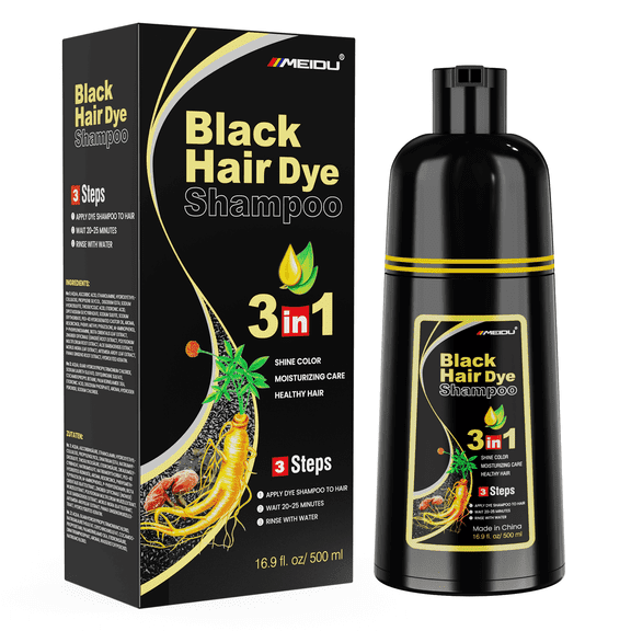 MEIDU Black Hair Dye Shampoo for Gray Hair, Semi-Permanent Hair Color Shampoo for Women and Men, Herbal Ingredients, 3 in 1 100% Grey Coverage.Lasts 30 Days/500ml/Natural herbal Ingredients