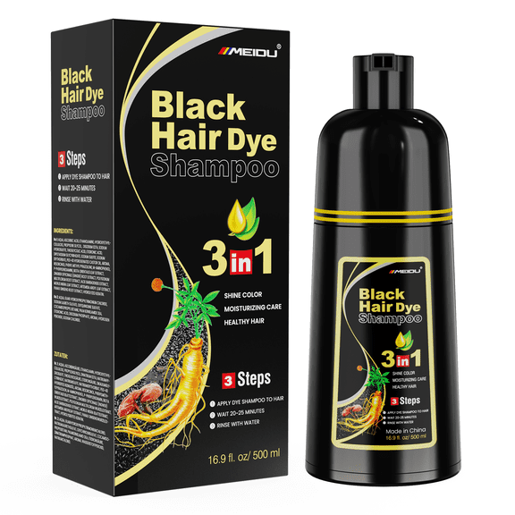 MEIDU Black Hair Dye Shampoo for Gray Hair, Semi-Permanent Hair Color Shampoo for Women and Men, Herbal Ingredients, 3 in 1 100% Grey Coverage.Lasts 30 Days/500ml/Natural herbal Ingredients