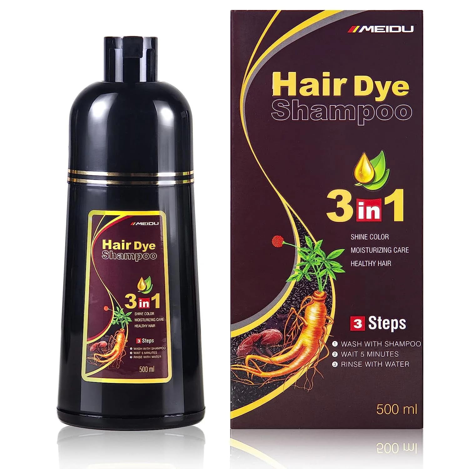 MEIDU Chestnut Brown Hair Dye Shampoo 3 in 1 for Gray Hair Coverage Hair Color Shampoo for Women and Men Instant Herbal Ingredients con tinte Shampoo - Long Lasting 500ML