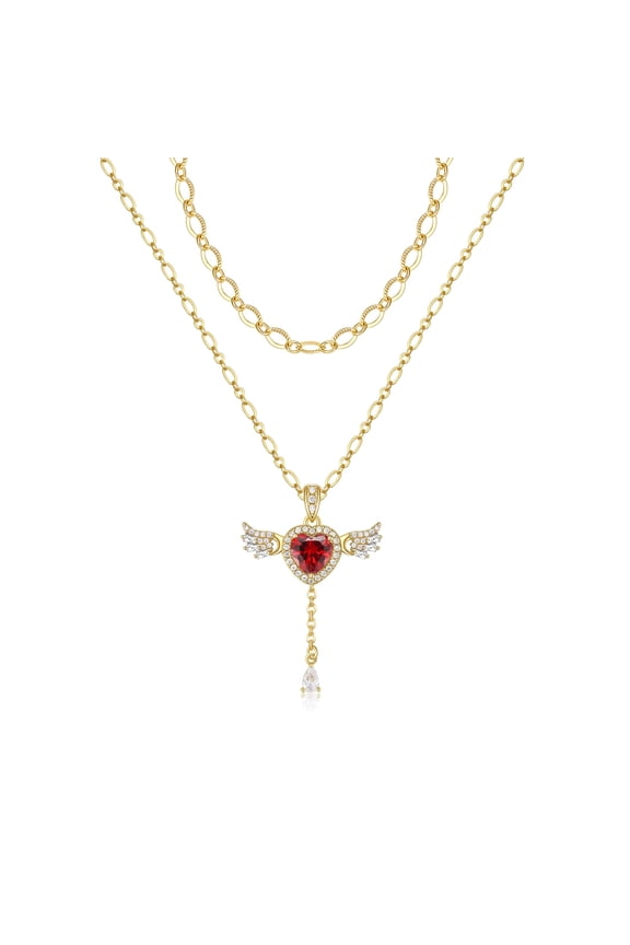 Angel Heart Necklace for Women Trendy,14k Gold Dainty Layered Necklaces Set Cubic Zirconia Love Drop Pendant with Movable Wings Personalized Choker Chain Jewelry Gifts for Her Red C113