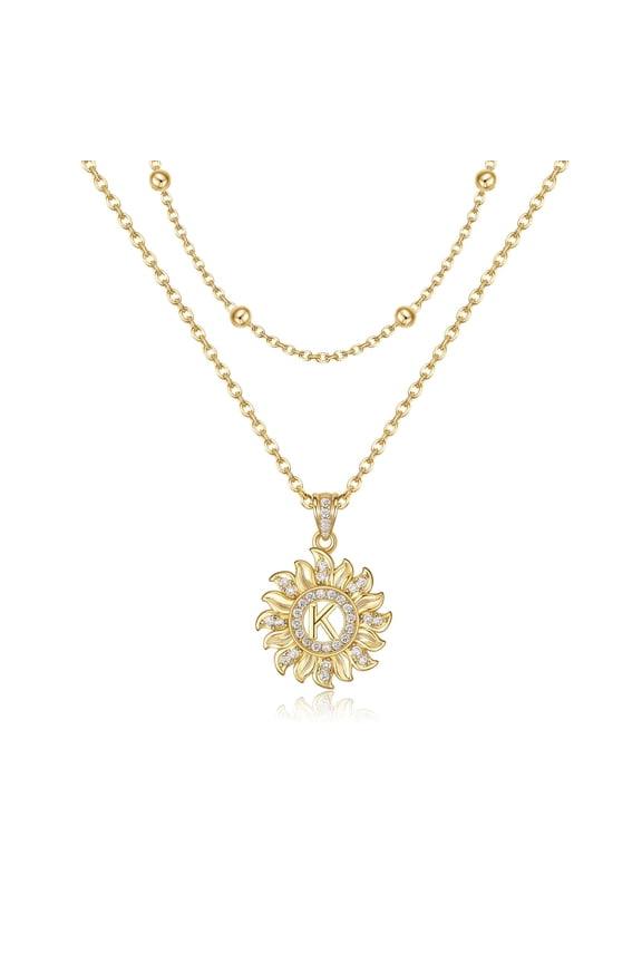Sunflower Initial Necklace for Women Trendy,14k Gold Plated Dainty Layered Letter Pendant Necklaces and Bead Chain Zirconia Round Flower Alphabets Jewelry Gifts for Her K C113