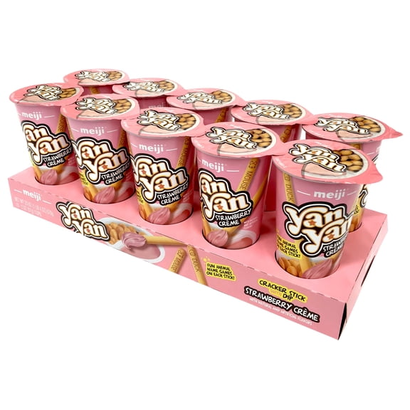 MEIJI Yan Yan Dipping Sticks, Strawberry Crme - 2 oz, Pack of 10 - Cracker Sticks with Fun Animals Phrases