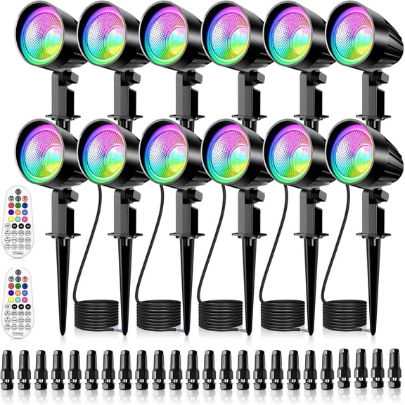 MEIKEE 15W RGBW Low Voltage Landscape Lights, 12-24V LED Lighting, Timer and Memory Dimmable Color Changing Outdoor Spotlights with Remote for Garden Path Christmas Halloween 12 Pack