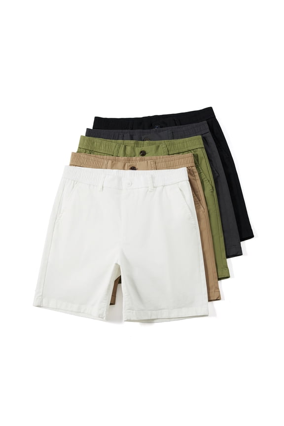 Men's Stretch Cotton Chino Shorts 5-Pack, Casual Flex Elastic Waist Flat Front Summer Shorts with Pockets (White, Khaki, Black, Grey, Olive)