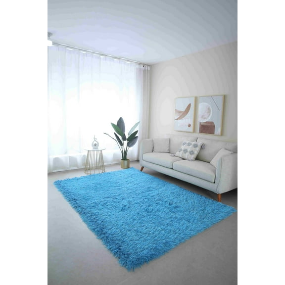 Modern Shaggy Abstract Geometric Rug for Living Room Bedroom (5'2"x7'5",Blue)
