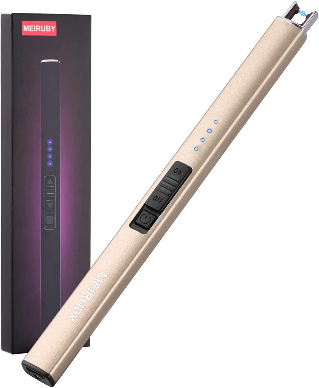 MEIRUBY Lighter Electric Candle Lighter Long Electronic Rechargeable USB Lighter Arc Windproof Flameless Lighters for Candle Camping BBQ Birthday Women's Day Gifts for Women Mom Wife Men, Gold