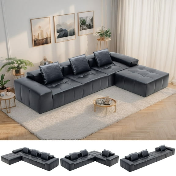 MEISIMAN 136" Leather Couch, L Shaped Couch - Sectional Couches with Ottoman, Vintage Deep Seat Modular Sofa & Memory Foam Cloud Sofa for Living Room, No Assembly Required
