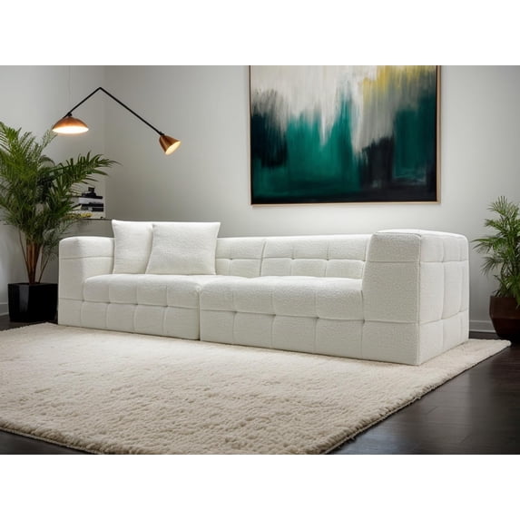 MEISIMAN Sectional Sofas with Pillows, 110”Modular Sectional Sofa, Plush Teddy Fabric & Memory Foam, No Assembly Required, White