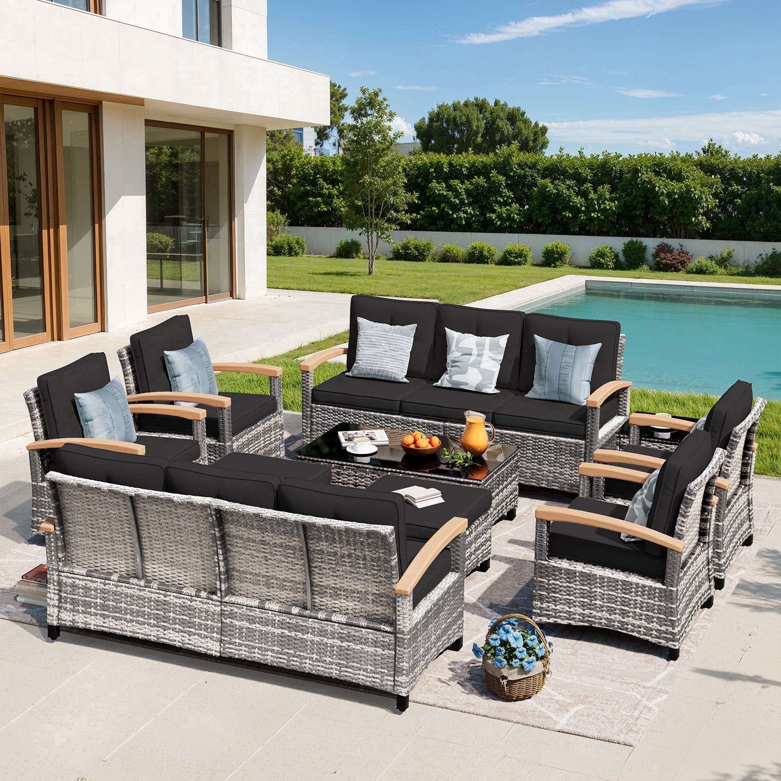 MEISSALIVVE 10 Pieces Outdoor Patio Furniture Sets, Wicker Patio Conversation Sets with 2 Wood Armrests Swivel Glide Chairs,2 Single Chairs, Outdoor Couch and Coffee Table(Black)