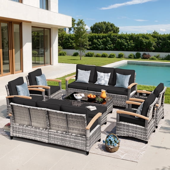 MEISSALIVVE 10 Pieces Outdoor Patio Furniture Sets, Wicker Patio Conversation Sets with 2 Wood Armrests Swivel Glide Chairs,2 Single Chairs, Outdoor Couch and Coffee Table(Black)
