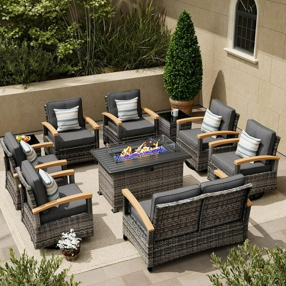 MEISSALIVVE 10 Pieces Patio Furniture Sets with Fire Pit Table, Wicker Outdoor Conversation Sets with 4 Swivel Rocker Chairs, 2 Single Chairs, 2-seat Sofa and Side Table(Grey)