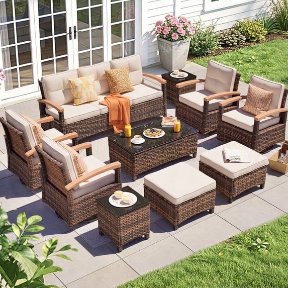 MEISSALIVVE 10 Pieces Patio Furniture Sets,Wicker Patio Conversation Sets with 4 Wood Armrests Swivel Glide Chairs, 2 Ottoman, 3-seat Sofa and Coffee Table (Beige)