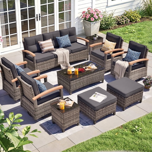 MEISSALIVVE 10 Pieces Patio Furniture Sets,Wicker Patio Conversation Sets with 4 Wood Armrests Swivel Glide Chairs, 2 Ottoman, 3-seat Sofa and Coffee Table (Gray)