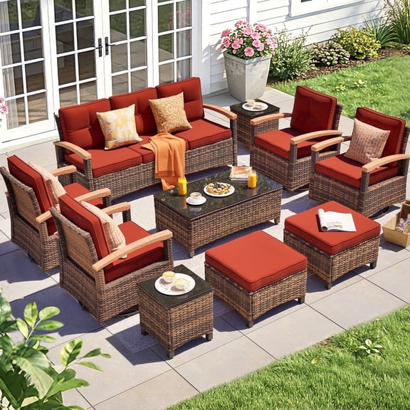 MEISSALIVVE 10 Pieces Patio Furniture Sets,Wicker Patio Conversation Sets with 4 Wood Armrests Swivel Glide Chairs, 2 Ottoman, 3-seat Sofa and Coffee Table (Red)