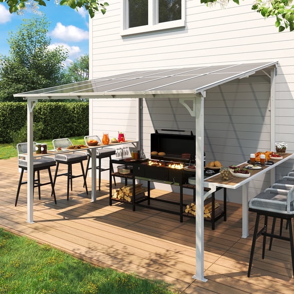 MEISSALIVVE 10' x 10' Wall Mounted Gazebo, Outdoor BBQ Grill Gazebo with Side Shelf, Lean to Metal Awnings with Sloped Roof, Heavy Duty Pergola for Backyard, Deck, White