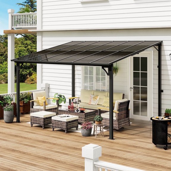 MEISSALIVVE 10' x 12' Hardtop Wall Mounted Gazebo Pergola, Lean-to Metal Awning with Sloped Roof, Outdoor Shelter for Patio, Deck, Backyard, Black
