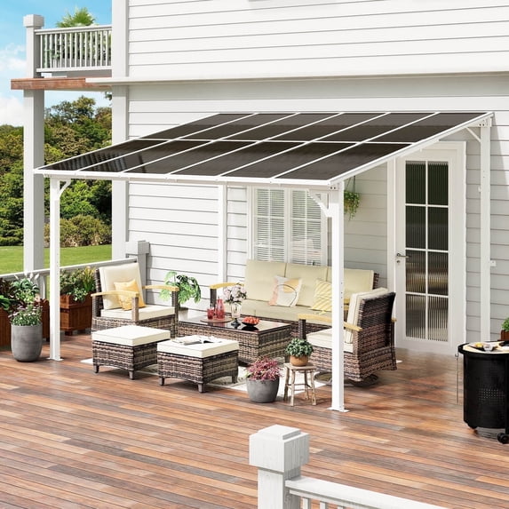 MEISSALIVVE 10' x 12' Hardtop Wall Mounted Gazebo Pergola, Lean-to Metal Awning with Sloped Roof, Outdoor Shelter for Patio, Deck, Backyard, White