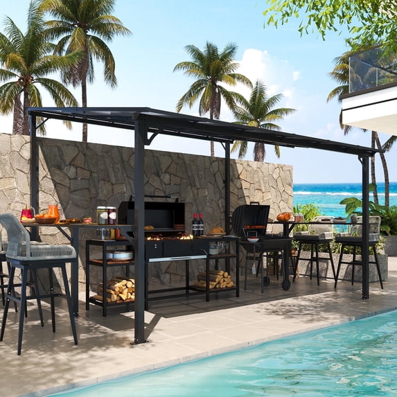 MEISSALIVVE 10' x 12' Wall Mounted Gazebo, Outdoor BBQ Grill Gazebo with Side Shelf, Lean to Metal Awnings with Sloped Roof, Heavy Duty Pergola for Backyard, Deck, Black