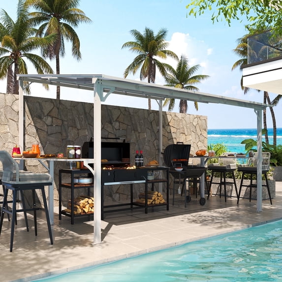 MEISSALIVVE 10' x 12' Wall Mounted Gazebo, Outdoor BBQ Grill Gazebo with Side Shelf, Lean to Metal Awnings with Sloped Roof, Heavy Duty Pergola for Backyard, Deck, Whit