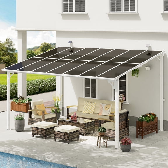 MEISSALIVVE 10' x 14' Hardtop Lean to Gazebo, Wall Mounted Pergola with Sloped Polycarbonate Roof, Outdoor Patio Shelter with Solar Lights for Backyard Deck Garden, White