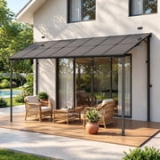 MEISSALIVVE 10 x 14 Hardtop Lean to Gazebo, Wall Mounted Pergola with Sloped Polycarbonate Roof, Outdoor Patio Shelter with Solar Lights for Backyard Deck Garden, Black