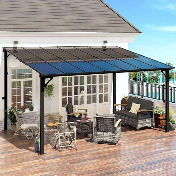 MEISSALIVVE 10' x 14' Hardtop Wall Mounted Gazebo Pergola, Lean-to Metal Awning with Sloped Roof, Outdoor Shelter for Patio, Deck, Backyard, Black